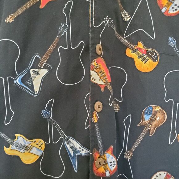 Vintage Dem Crazy Shirt Mens L Guitar All Over Print Button Up Short Sleeve Blk - Picture 12 of 16